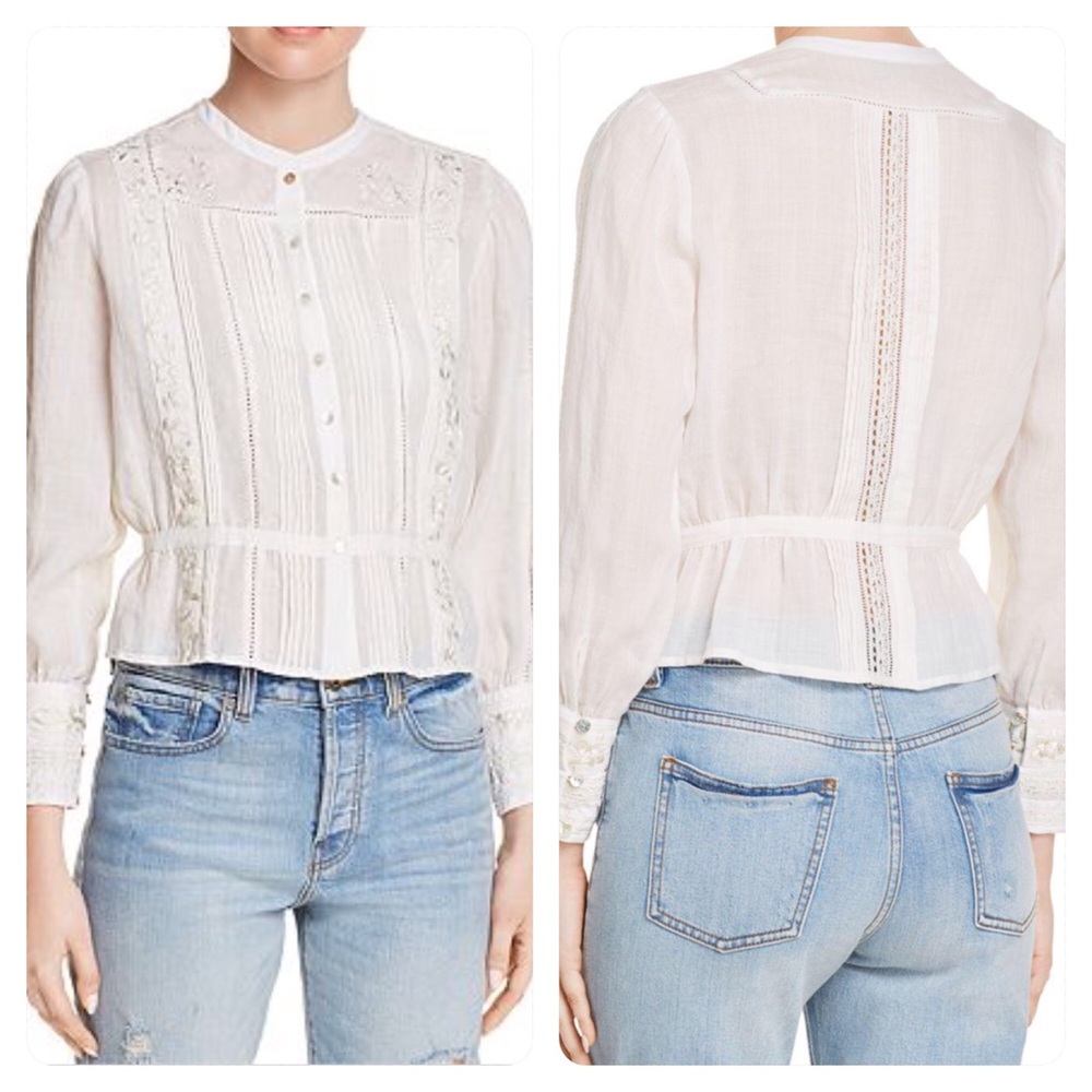 Joie Ivory Lace-Trimmed Cotton Peplum Blouse